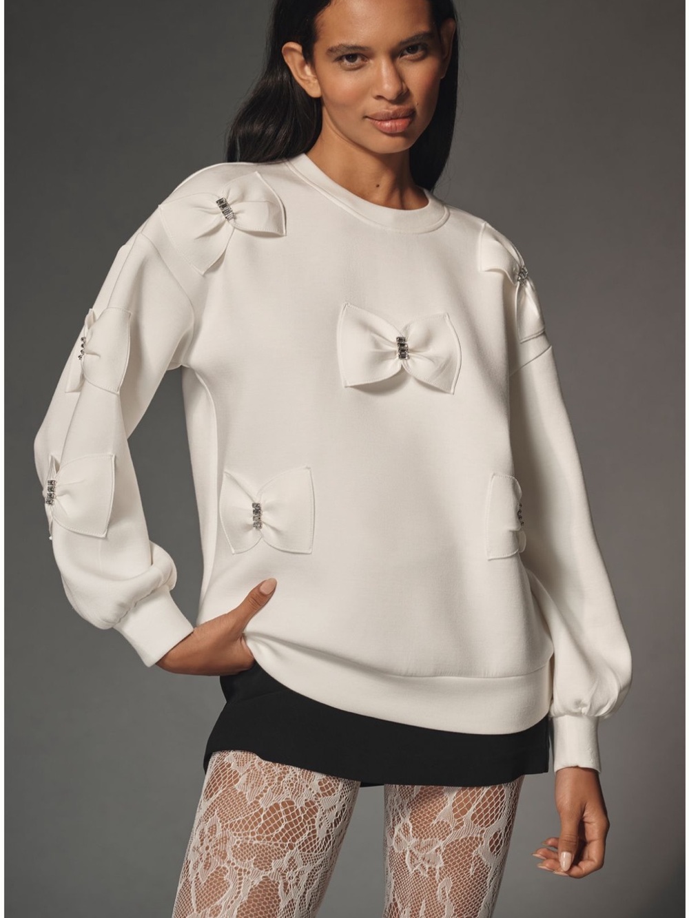 Anthropologie Maeve White Bow rhinestone Appliqué Sweatshirt